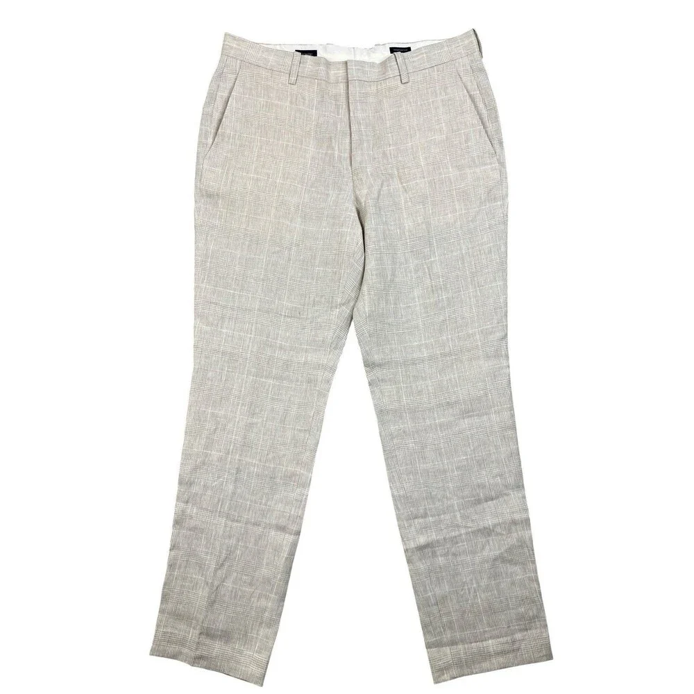 J Crew Suit Pants Mens 33x30 Beige Linen Windowpane Plaid Thompson Lightweight